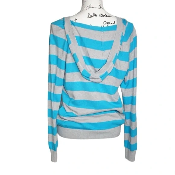 Tommy Hilfiger Gray & Blue Striped V-Neck Hooded Long Sleeve Pullover, Large - Picture 5 of 7